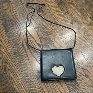VINTAGE SUSAN GAIL Black Leather Rhinestone Heart Crossbody Bag Clutch